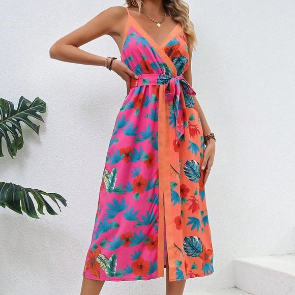 . Dresses & Skirts - Multicolor Boho Womens Tropical Print Split Thigh Belted Cami Dress